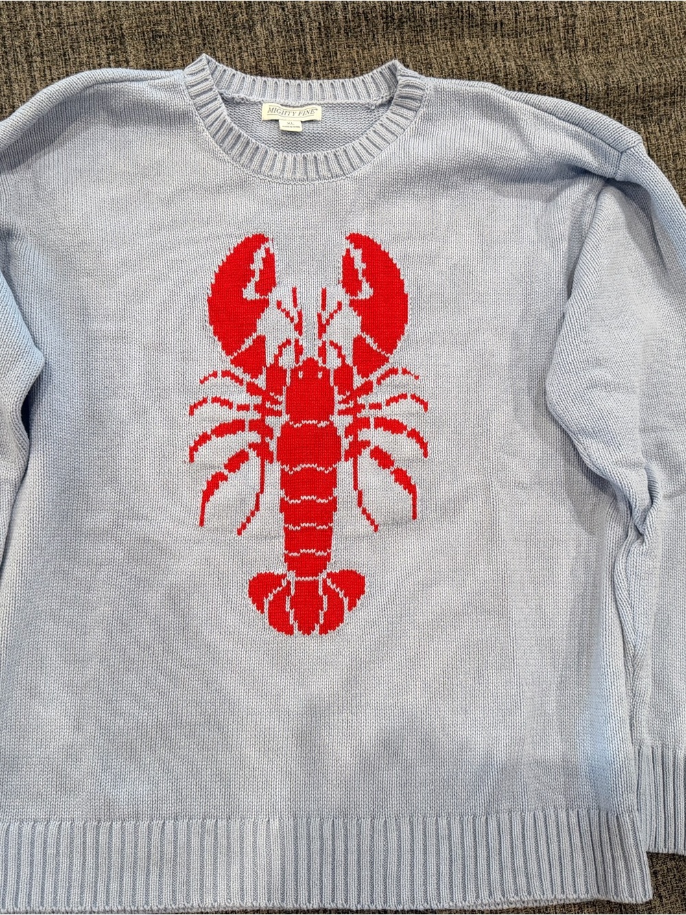 Women’s Mighty Fine Pale Blue Crewneck Sweater with Red Lobster Motif XL